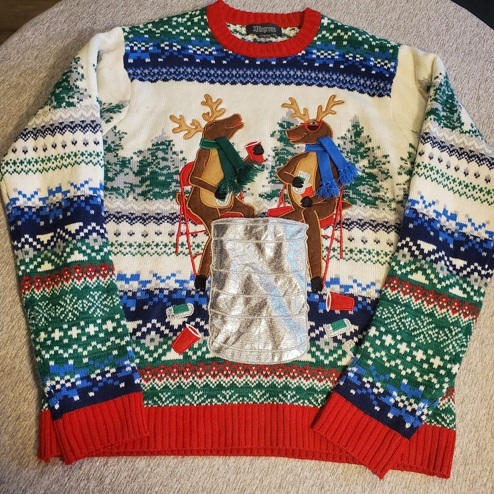 33 Degrees Ugly Christmas Sweater Drinking Reindeer Keg Drink Beer Holder Size L